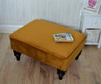 Stylish Flat Top Footstool  With Piping Trim in Premium Turmeric Velvet Fabric With Turned Mahogany Hardwood  Legs