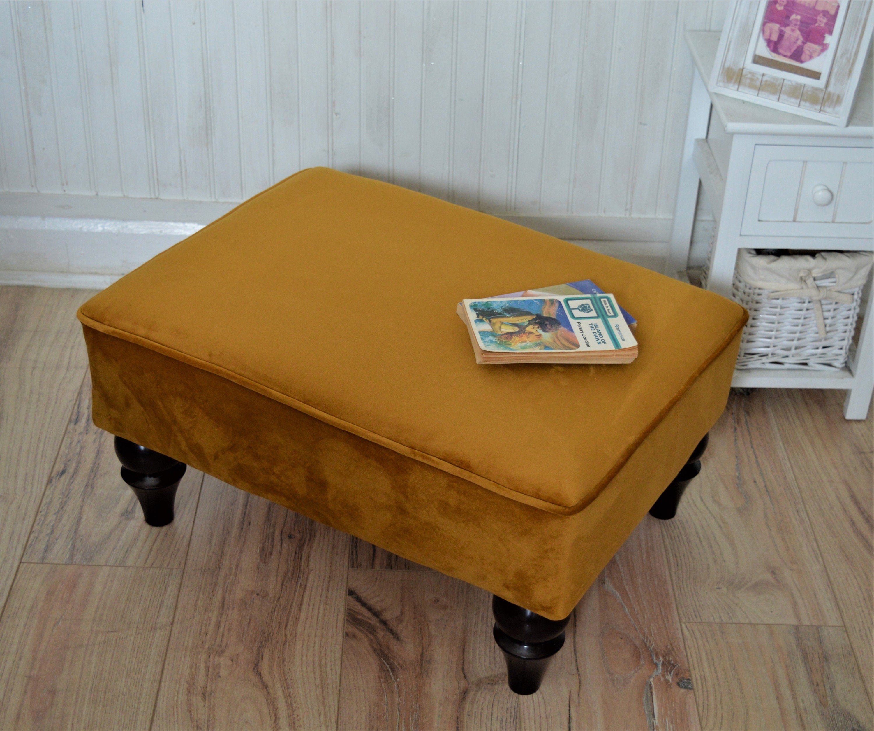 Stylish Flat Top Footstool  With Piping Trim in Premium Turmeric Velvet Fabric With Turned Mahogany Hardwood  Legs