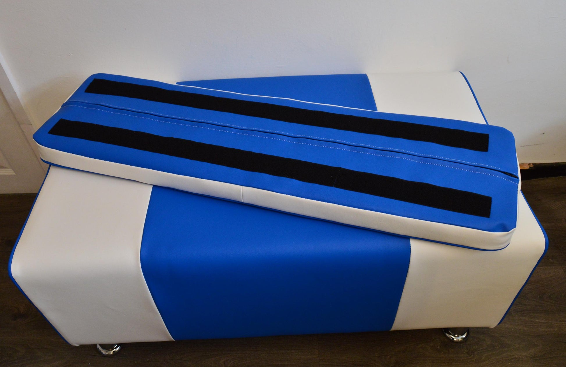 2 Str Size High Seating Bench Footstool American Diner Design With Fix To Wall Back Cushion in Blue and White Faux Leather With Chrome Legs.