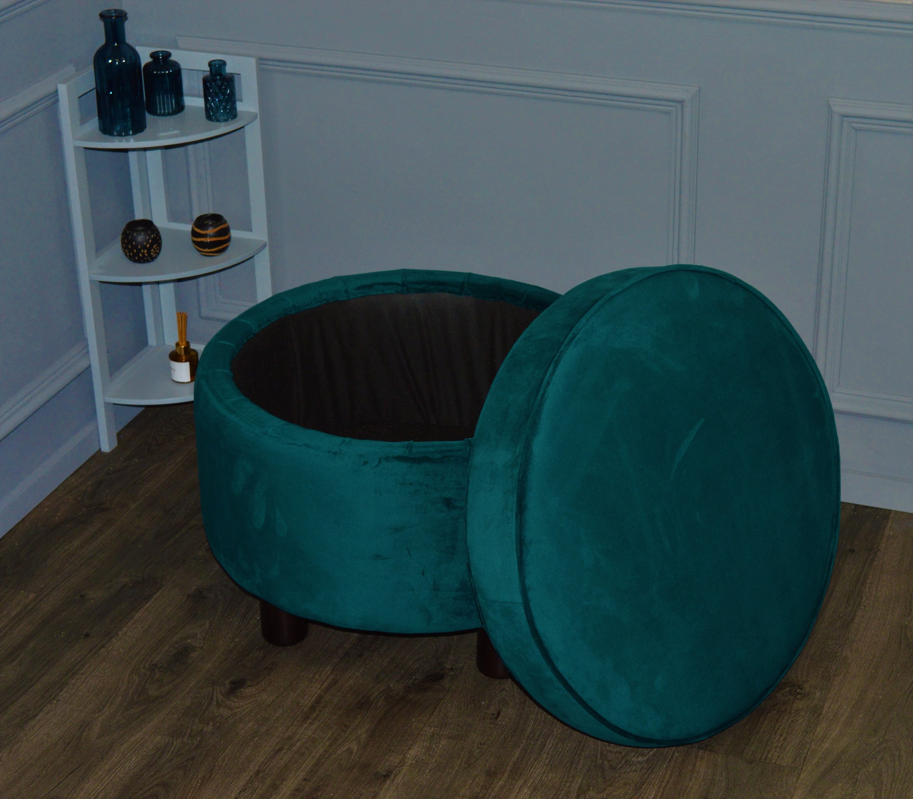 A Large Circular Storage Ottoman Footstool in Teal Velvet With Mahogany  Hard Wood Legs