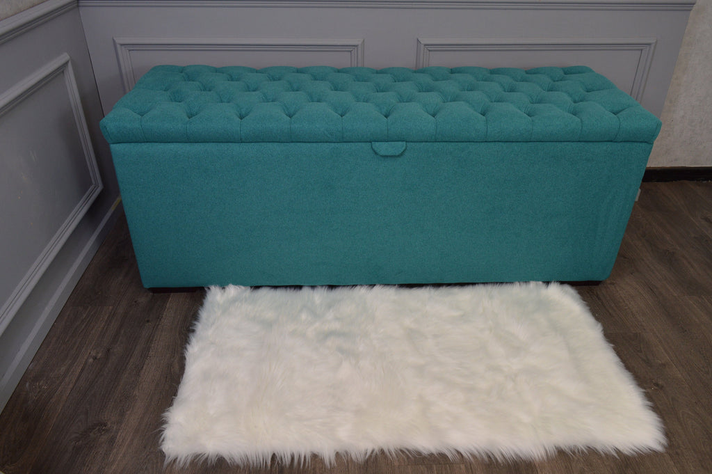 XXL Chesterfield Storage Bedding Box in Mallard Green Fabric With Mahogany Feet