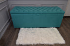 XXL Chesterfield Storage Bedding Box in Mallard Green Fabric With Mahogany Feet