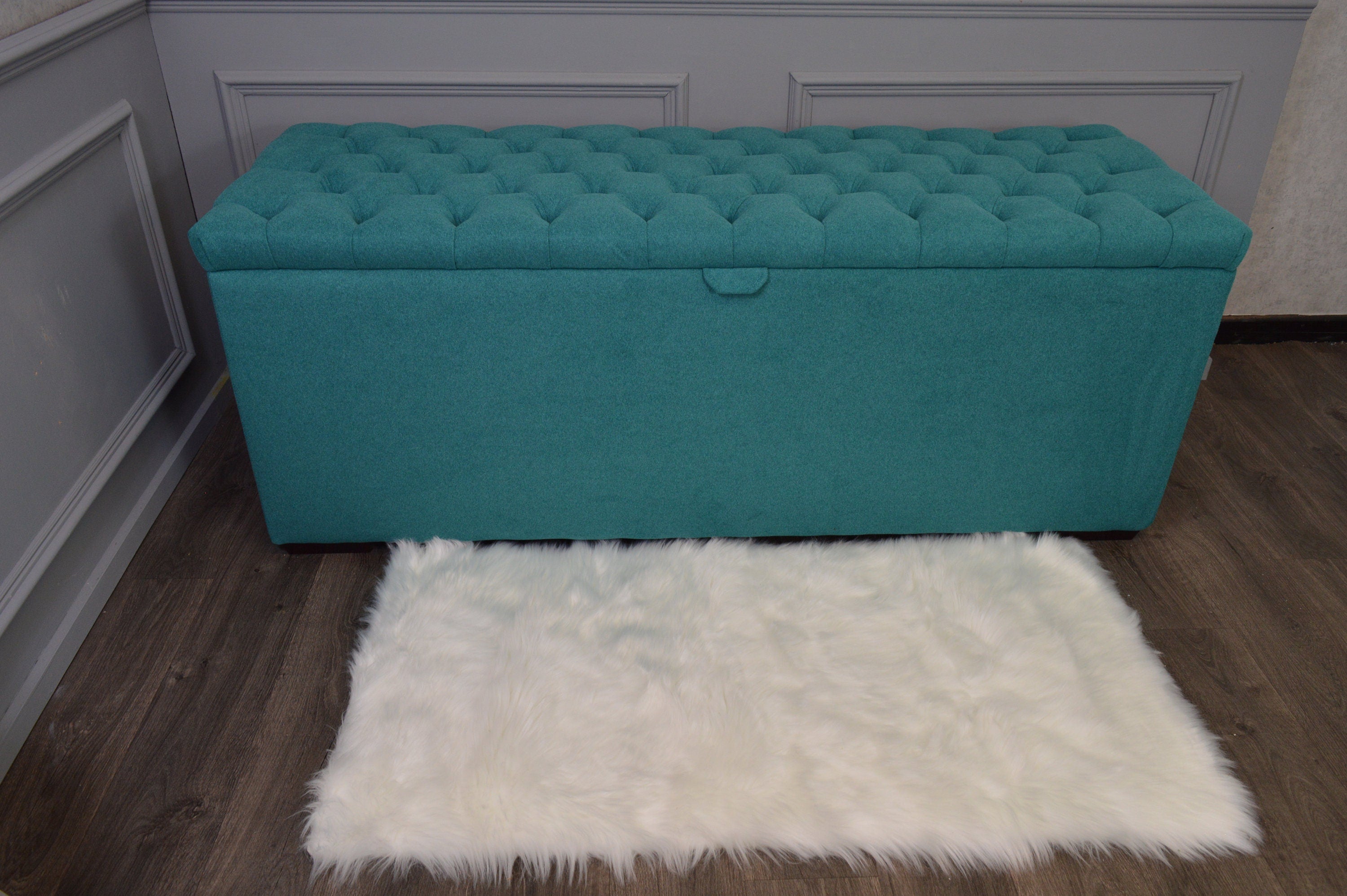 XXL Chesterfield Storage Bedding Box in Mallard Green Fabric With Mahogany Feet