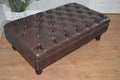 Chesterfield Style Deep Buttoned Footstool in Premium Dark Brown Faux Leather With Turned Hardwood Legs