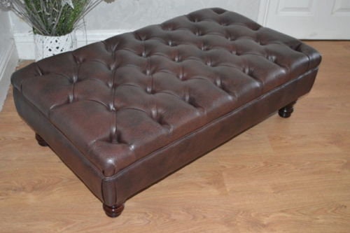 Chesterfield Style Deep Buttoned Footstool in Premium Dark Brown Faux Leather With Turned Hardwood Legs