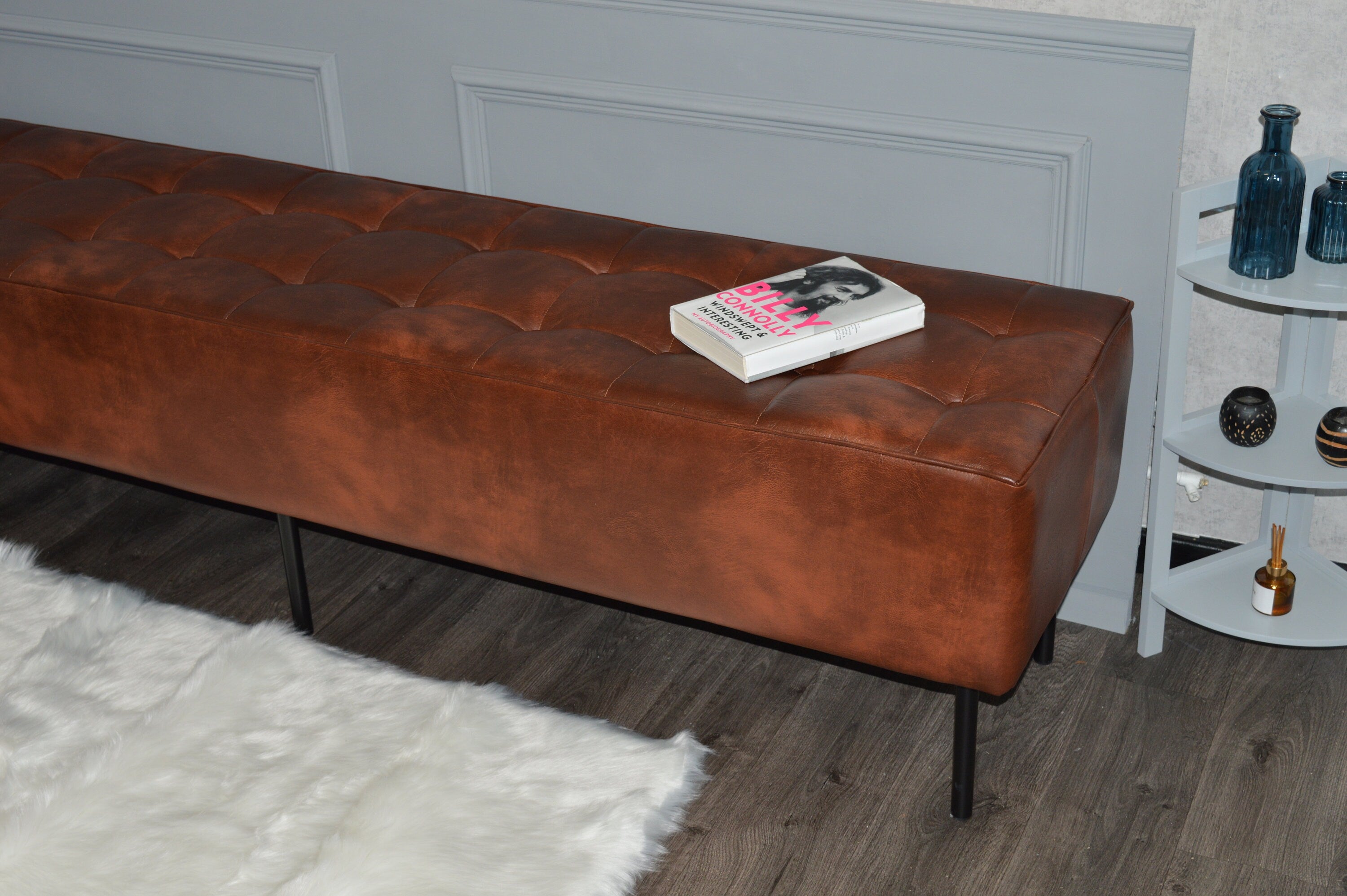 Extra Large 2mtr Bench Seating Style Chesterfield Buttoned Footstool  in Premium Faux Chestnut Leather With metal Legs