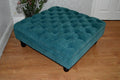 Square Chesterfield Style Deep Buttoned Footstool in Casino Crush Teal Fabric With Turned Hard Wood Legs