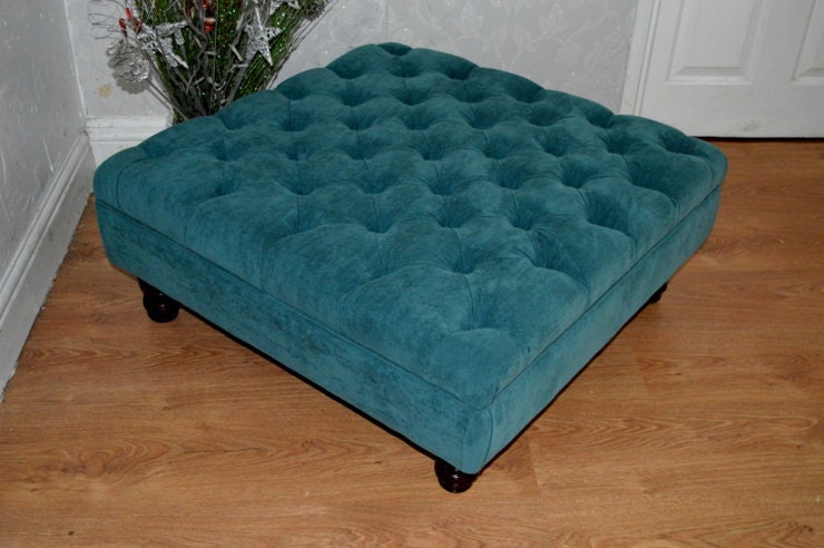Square Chesterfield Style Deep Buttoned Footstool in Casino Crush Teal Fabric With Turned Hard Wood Legs