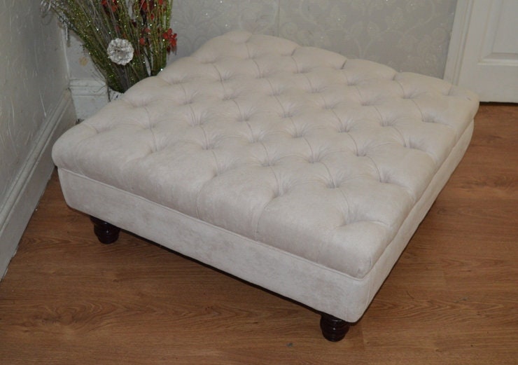 Hand Made Square Design Chesterfield  Deep Buttoned Footstool in Casino Crush Ivory  Colour  Fabric With Turned Hard Wood Legs