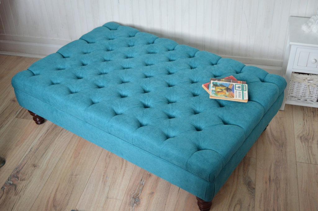 Chesterfield Extra Large Deep Buttoned Footstool in Rachael Teal With Turned Hardwood Legs