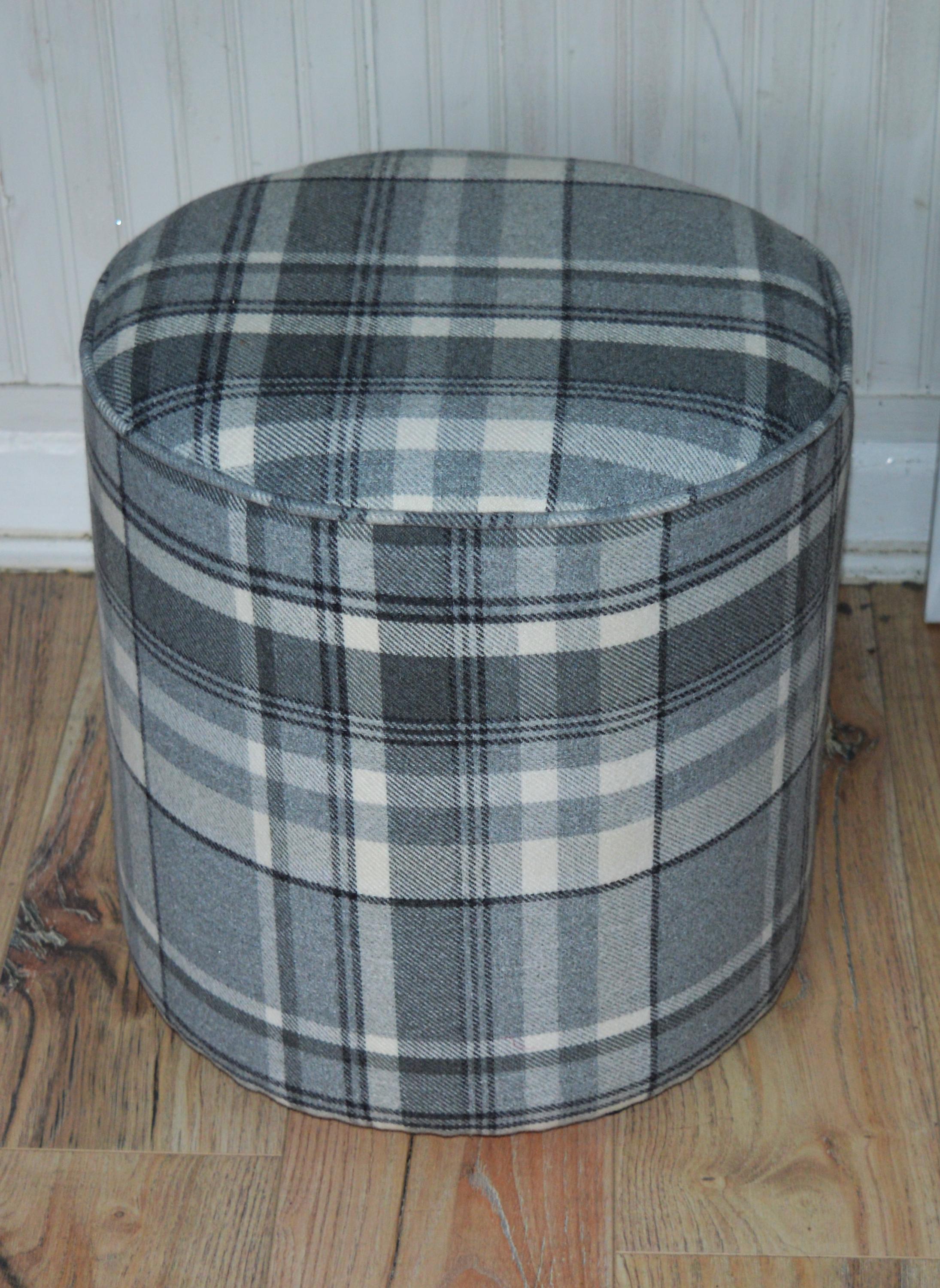 Circular round Drum footstool upholstered in Balmoral Dove Grey Wool Effect Check Fabric