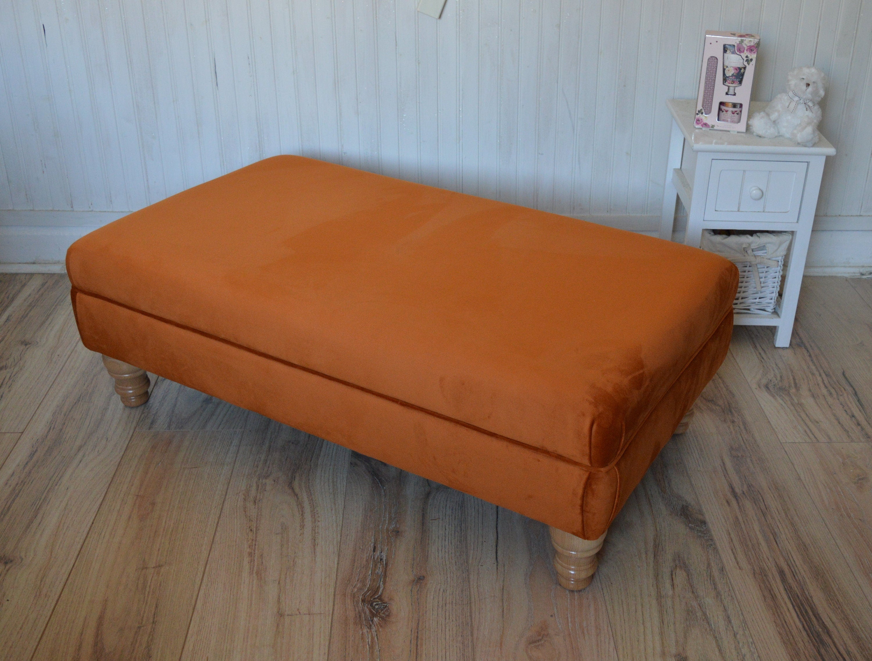 Flat Top Footstool With Piping Detail  in Burnt Orange Velvet With Oak Turned Hard Wood Legs