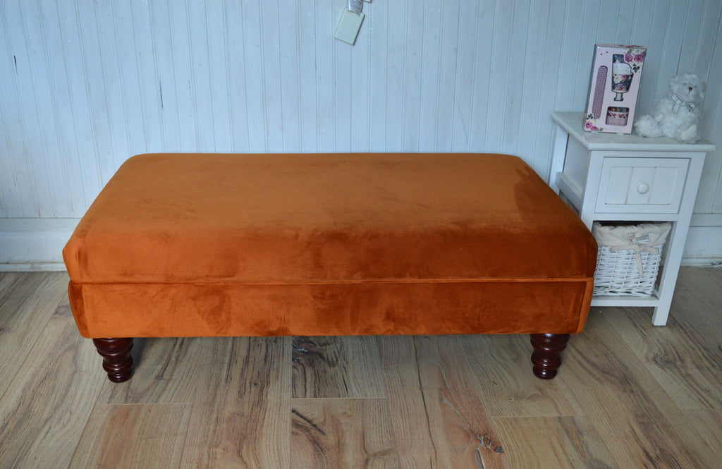 Flat Top Footstool With Piping Trim in Burnt Orange Velvet With Mahogany Turned Hard Wood Legs