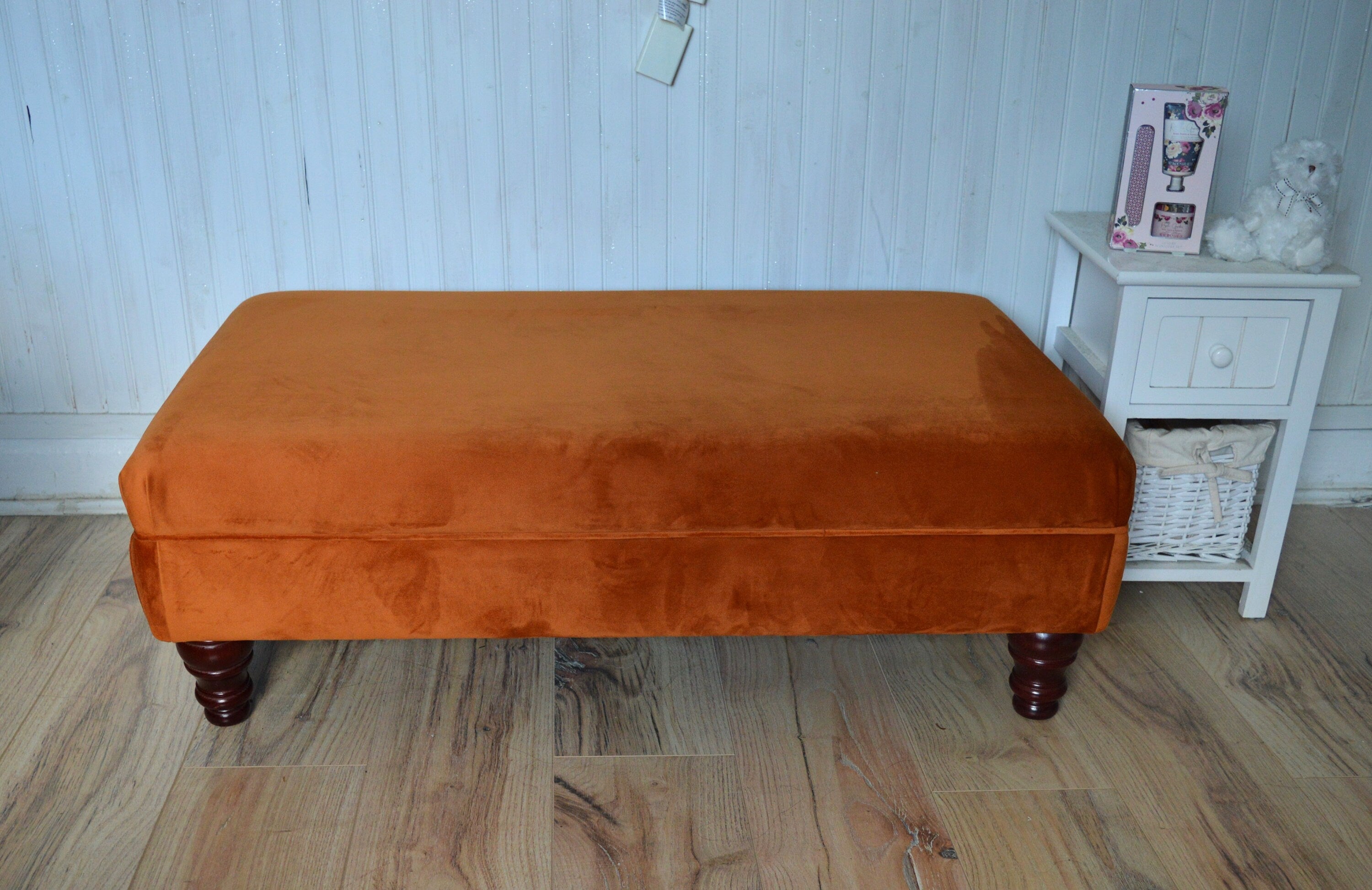 Flat Top Footstool With Piping Trim in Burnt Orange Velvet With Mahogany Turned Hard Wood Legs