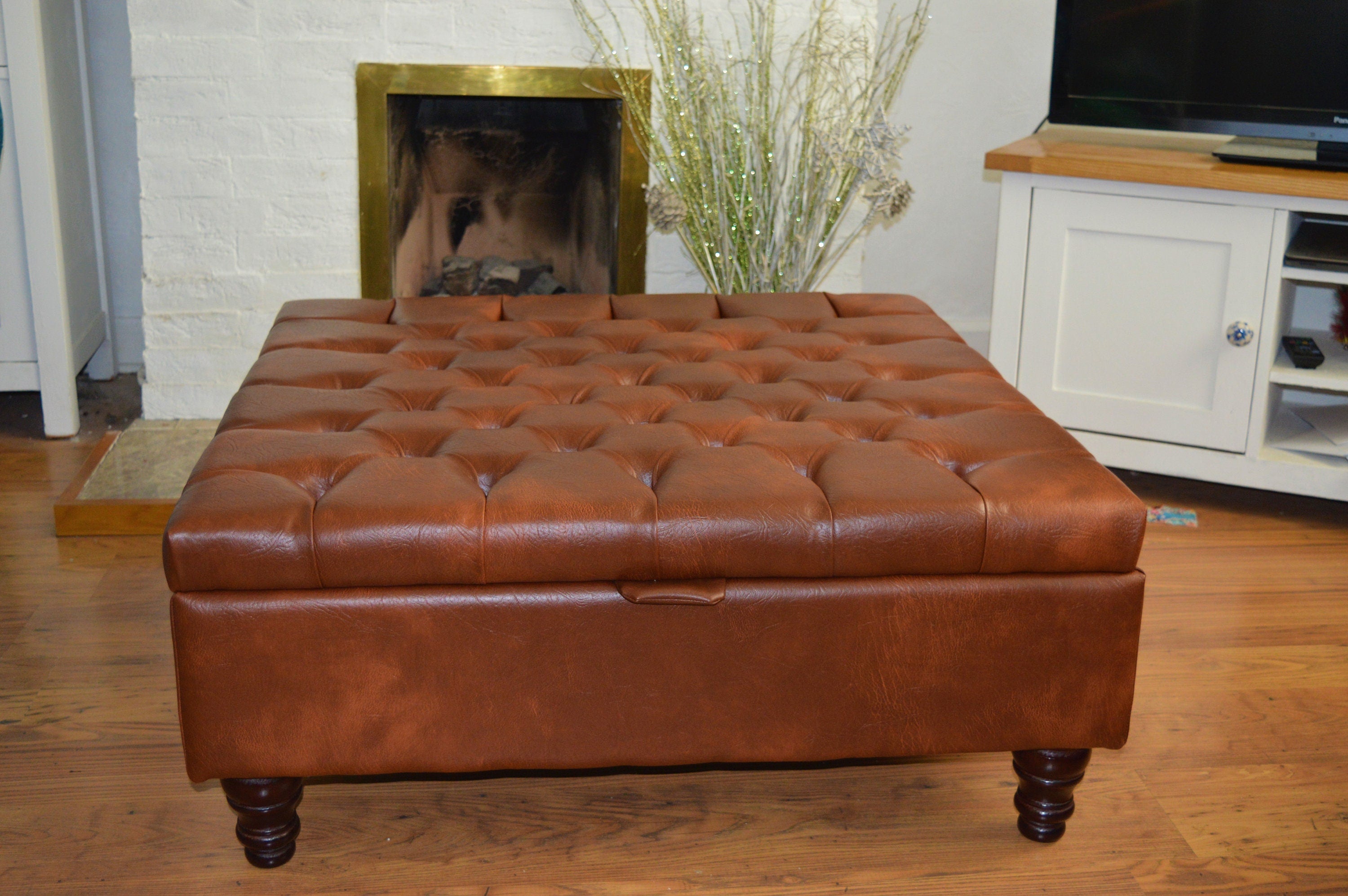 Extra Large Storage Square Chesterfield Deep Buttoned Footstool in Premium Chestnut Faux Leather