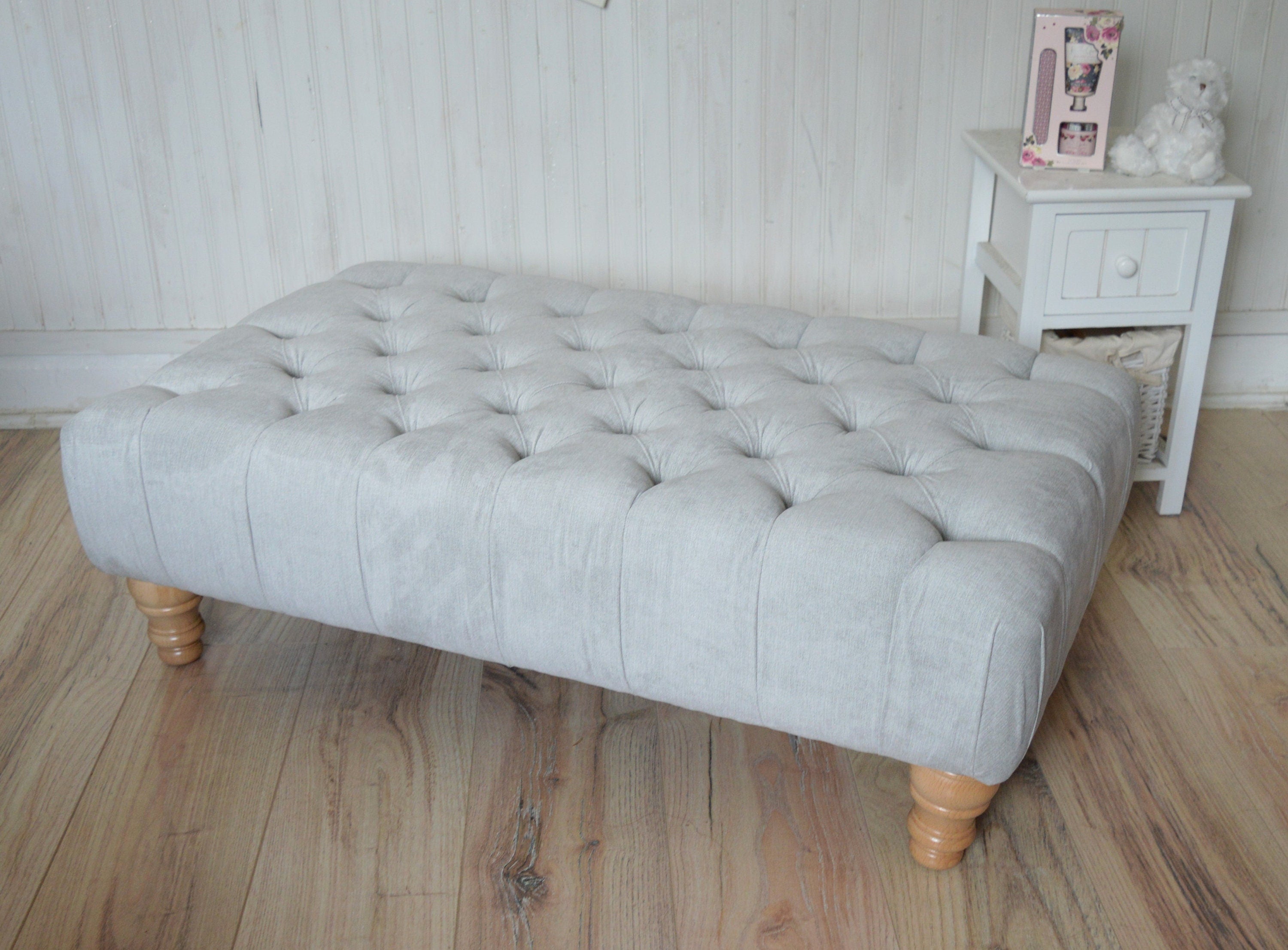 Chesterfield Style Deep Buttoned Footstool in Casino Silver Fabric  With Oak Hardwood Legs