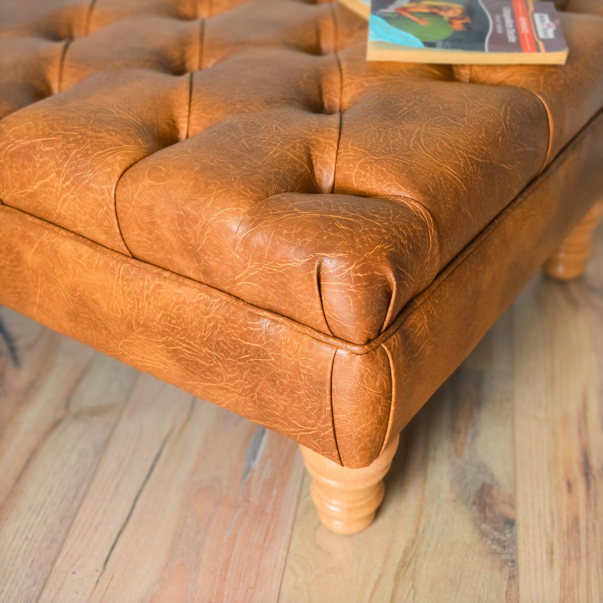 Handmade Faux Leather Chesterfield Footstool – Multifunctional Ottoman/Coffee Table/Footrest - Easy Clean Surface