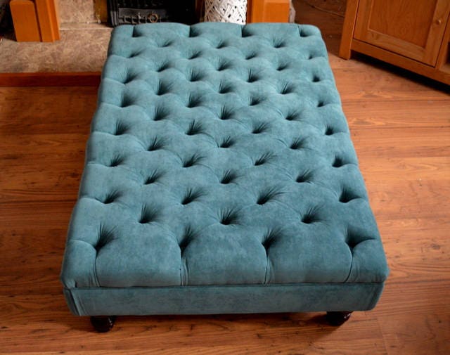 Chesterfield Extra Large Deep Buttoned Footstool in Premium Casino Teal Fabric With Turned Hardwood Legs
