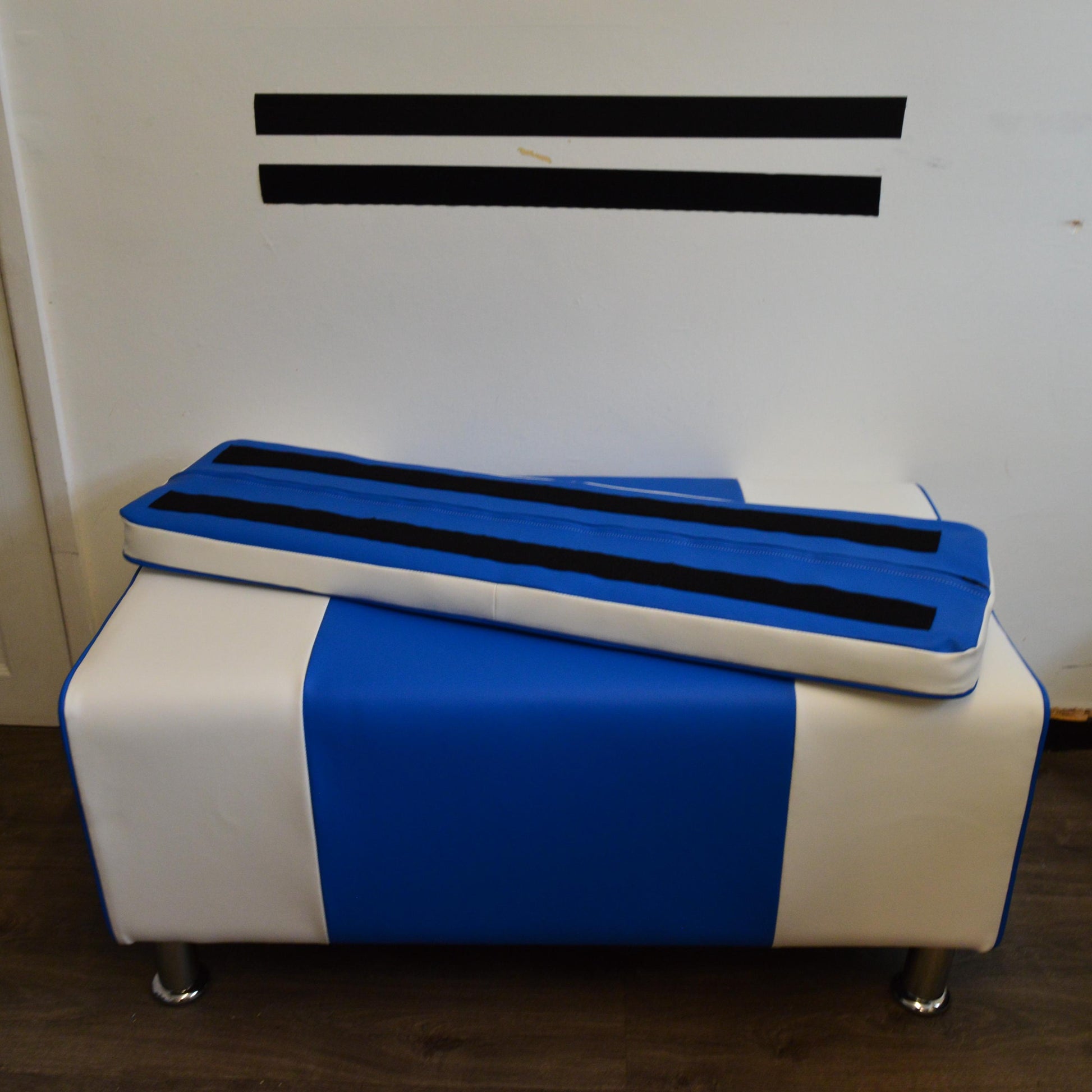 2 Str Size High Seating Bench Footstool American Diner Design With Fix To Wall Back Cushion in Blue and White Faux Leather With Chrome Legs.