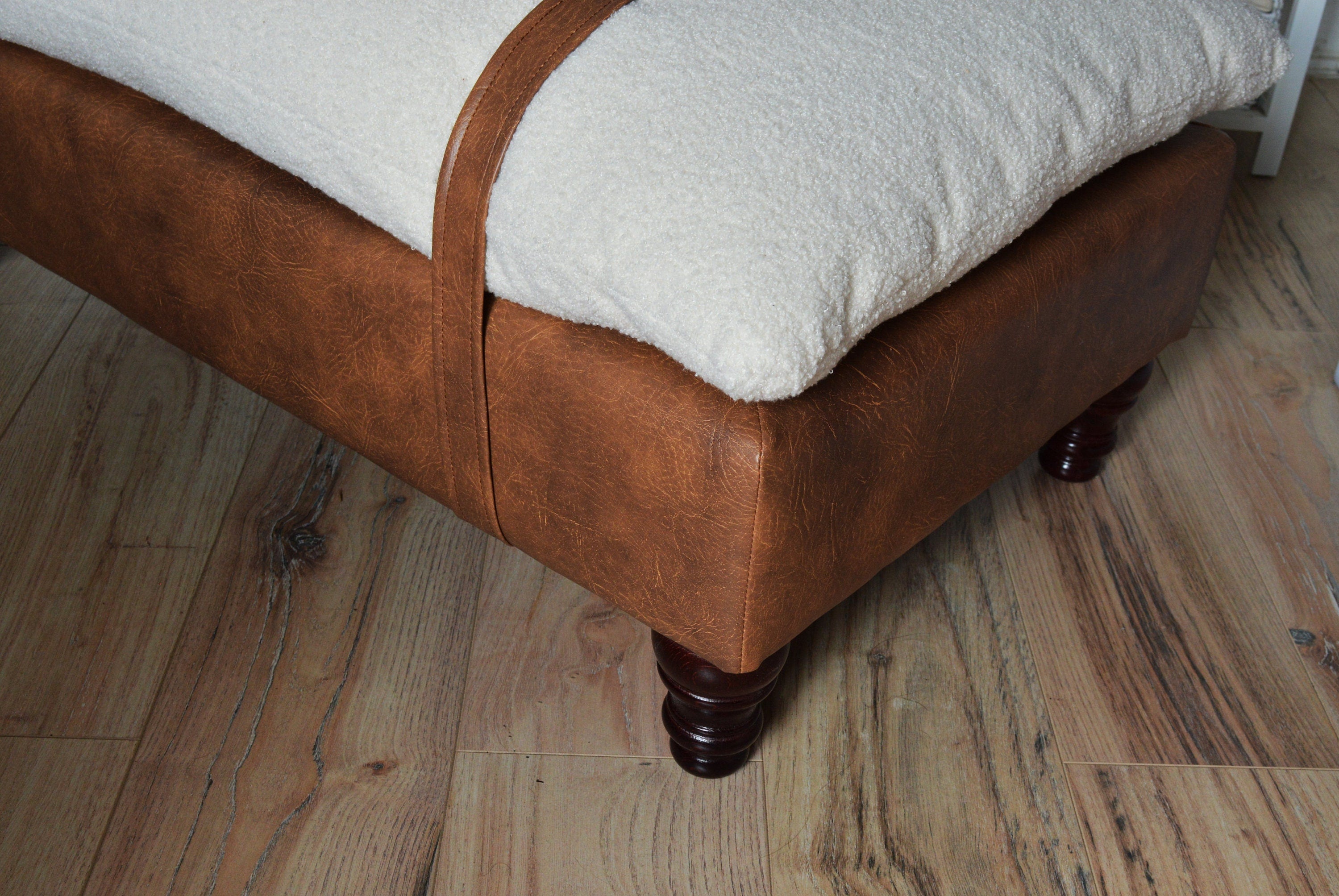 Mayfair Footstool  Seating Bench in Ivory Boucle Fabric And Premium Tan Faux Leather With Turned Mahogany Hardwood Legs.