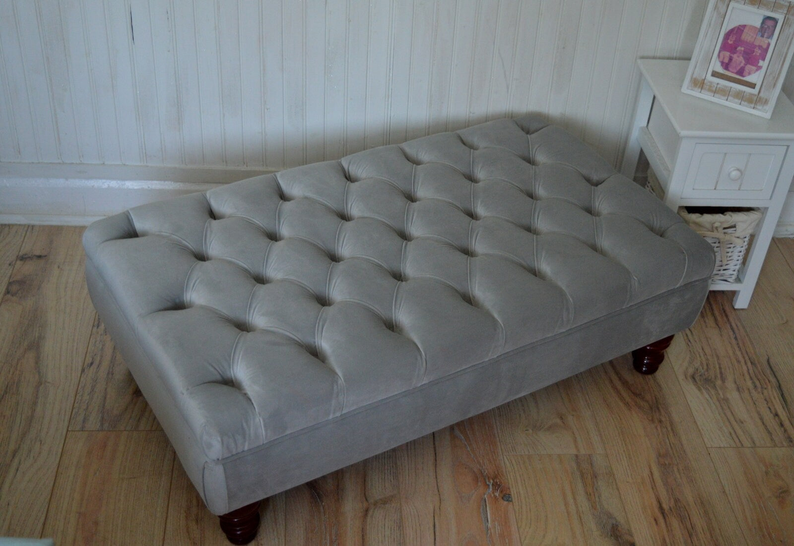 Chesterfield Deep Buttoned Footstool in a Plush Silver Velvet With Mahogany Turned Hard Wood Legs