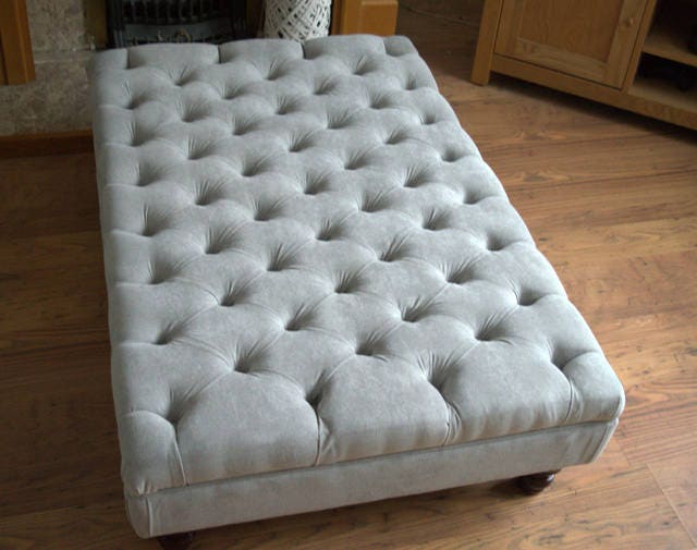 Chesterfield Extra Large Deep Buttoned Footstool in Premium Casino Silver Fabric With Turned Hardwood Legs