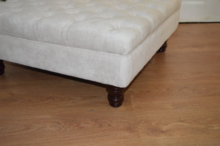 Hand Made Square Design Chesterfield  Deep Buttoned Footstool in Casino Crush Ivory  Colour  Fabric With Turned Hard Wood Legs