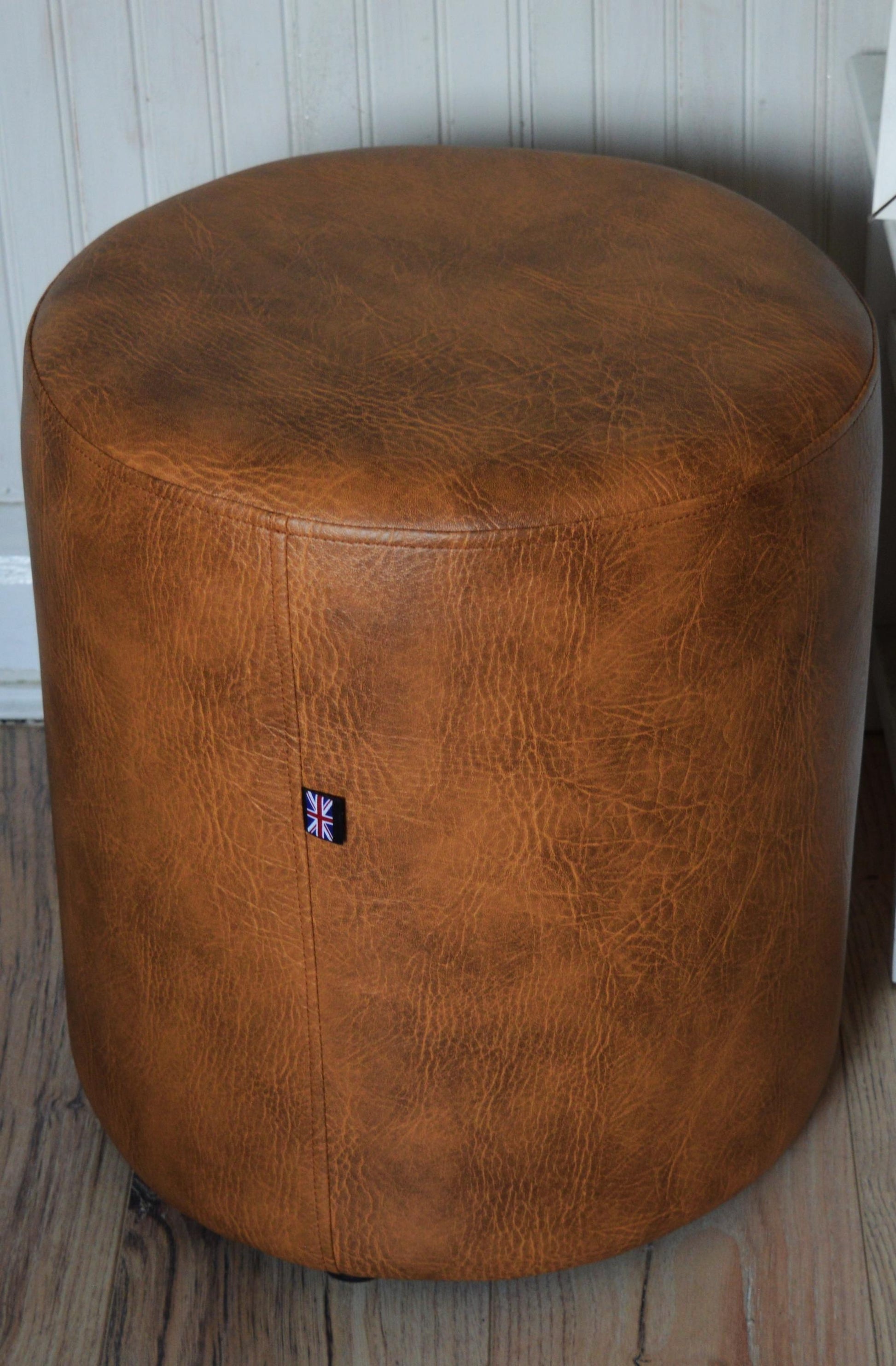 Circular round Drum footstool upholstered in Premium Tan Faux Leather