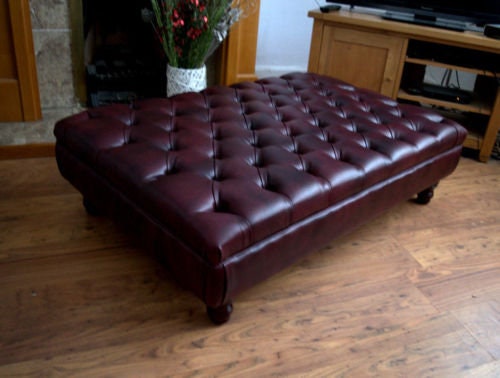 Chesterfield Extra Large Deep Buttoned Footstool in Premium Wine Faux Leather With Turned Hardwood Legs