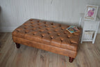 Handmade Faux Leather Tan Chesterfield Footstool – Ottoman – Coffee Table – Footrest – Mahogany Turned Hardwood Legs