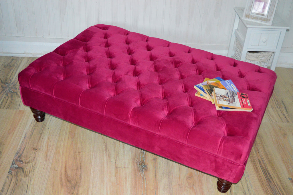 Chesterfield Extra Large Deep Buttoned Footstool in Monaco Wine Velvet  With Turned Hardwood Legs