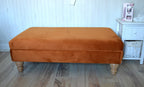 Flat Top Footstool With Piping Detail  in Burnt Orange Velvet With Oak Turned Hard Wood Legs