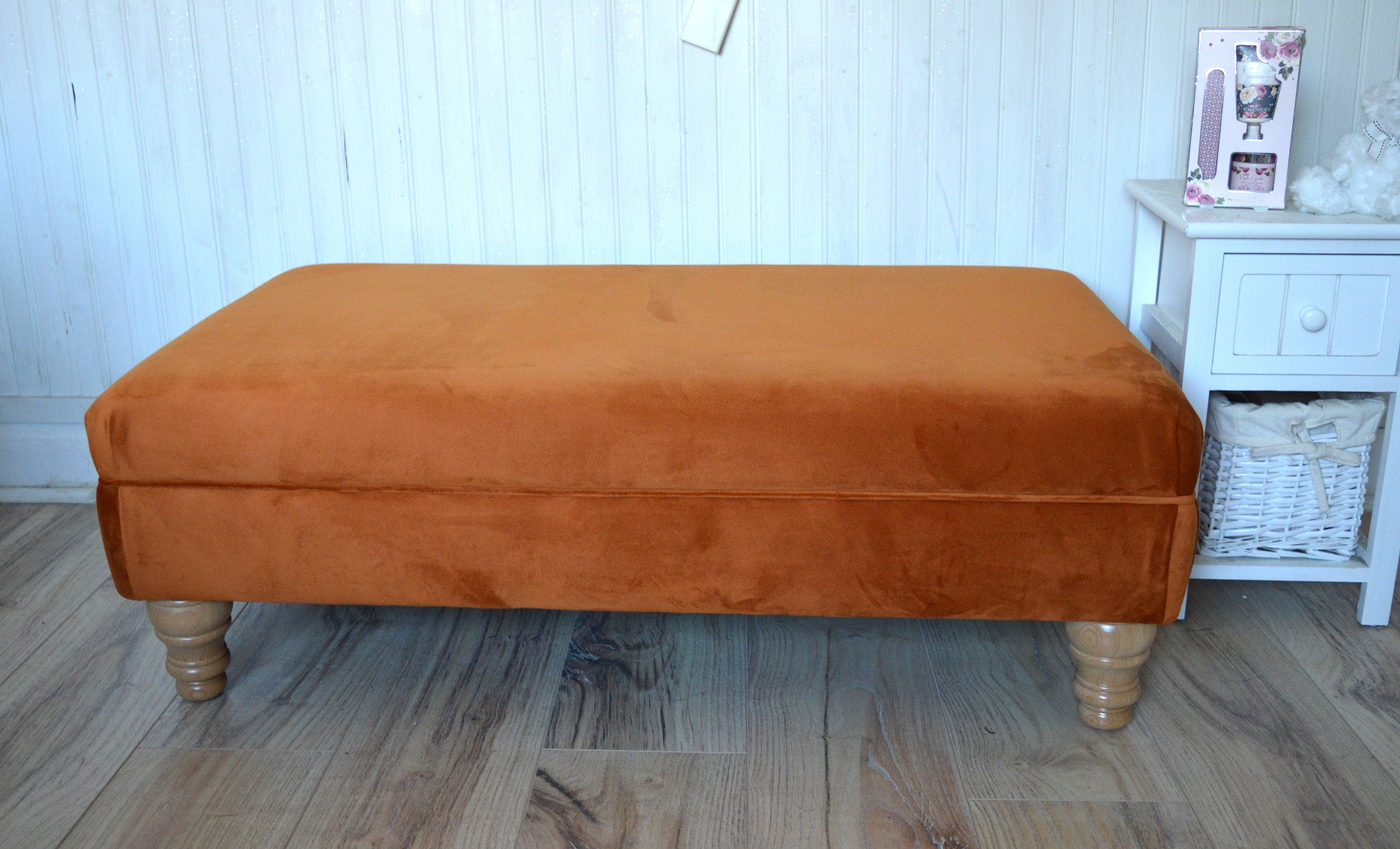 Flat Top Footstool With Piping Detail  in Burnt Orange Velvet With Oak Turned Hard Wood Legs