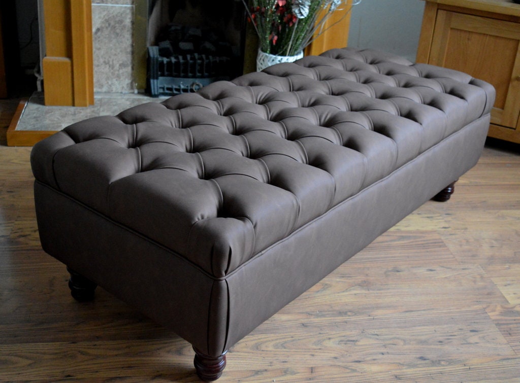 Chesterfield Extra Long Deep Buttoned Footstool in  Chocolate Faux Leather With Turned Hardwood Legs