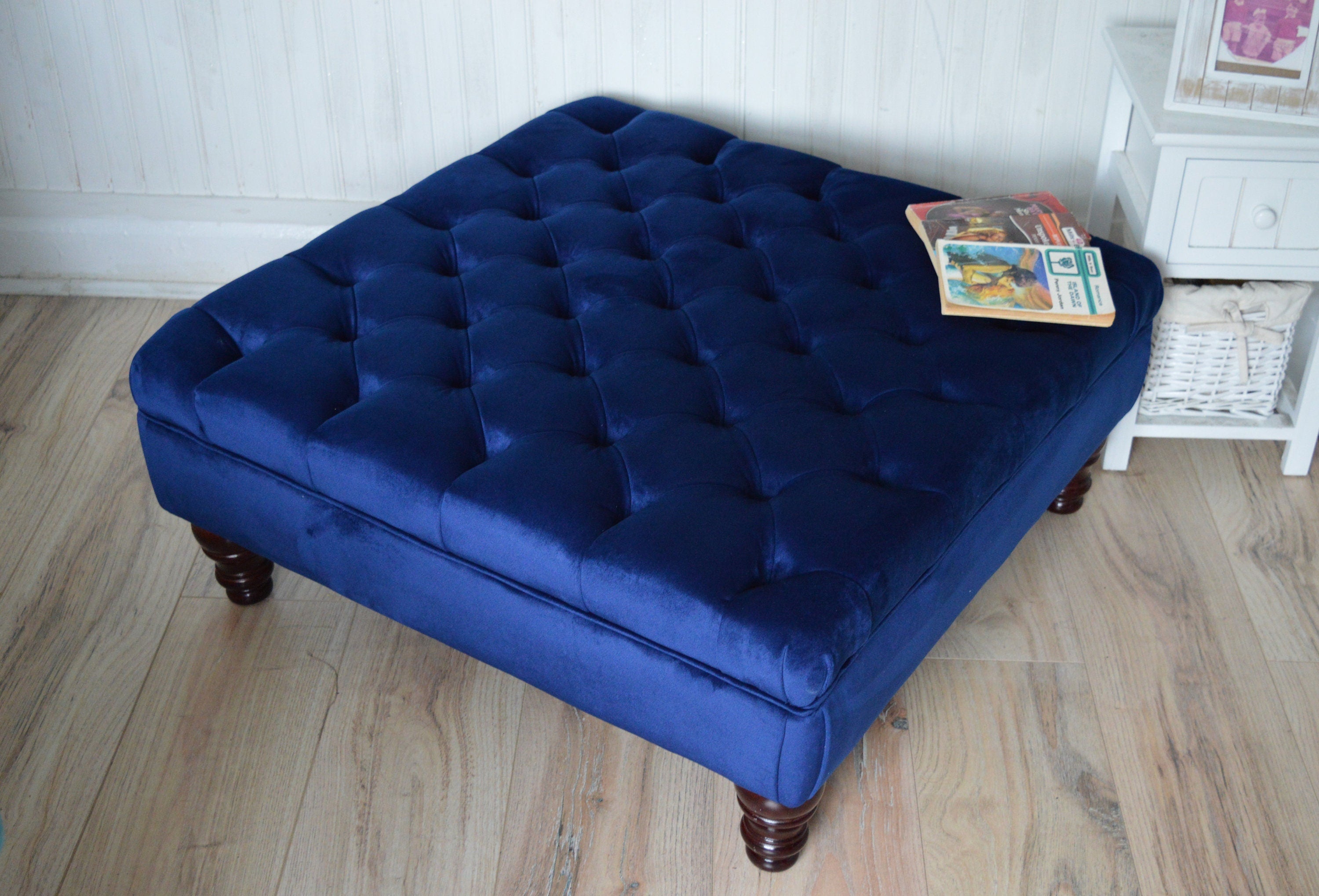 Chesterfield Deep Buttoned Footstool in Navy Blue Velvet With Mahogany Turned Hard Wood Legs