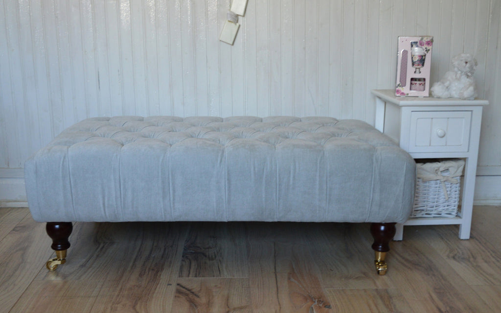 Handmade Matt Velvet Silver Chesterfield Footstool – Ottoman/Coffee Table/Footrest – Turned Mahogany Wood Castor Legs
