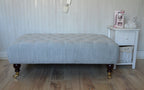 Handmade Matt Velvet Silver Chesterfield Footstool – Ottoman/Coffee Table/Footrest – Turned Mahogany Wood Castor Legs