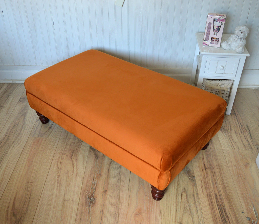 Flat Top Footstool With Piping Trim in Burnt Orange Velvet With Mahogany Turned Hard Wood Legs
