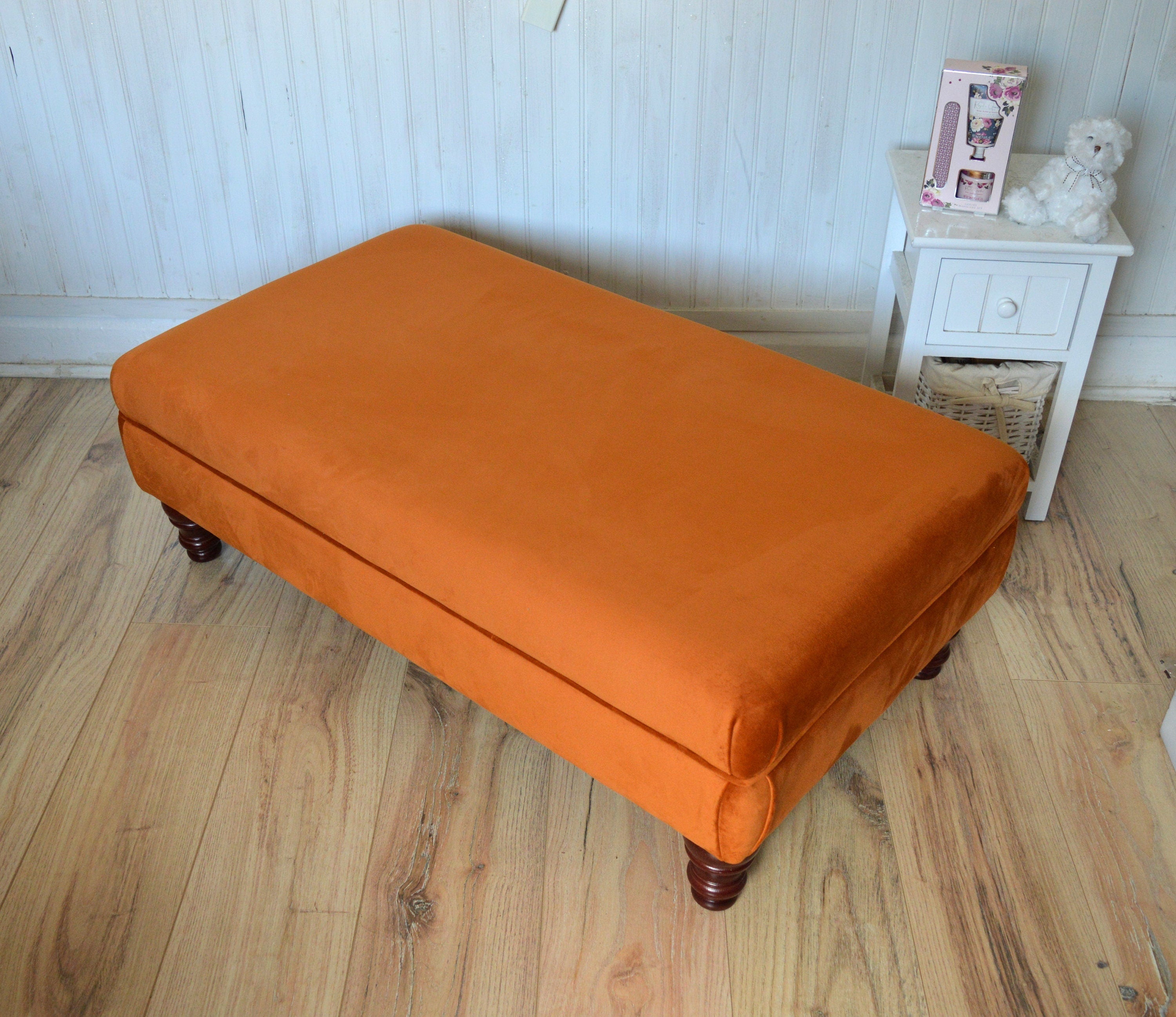 Flat Top Footstool With Piping Trim in Burnt Orange Velvet With Mahogany Turned Hard Wood Legs