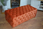 Chesterfield Style Deep Buttoned All Over Extra Large Footstool Upholstered In a Plush Burnt Orange Velvet
