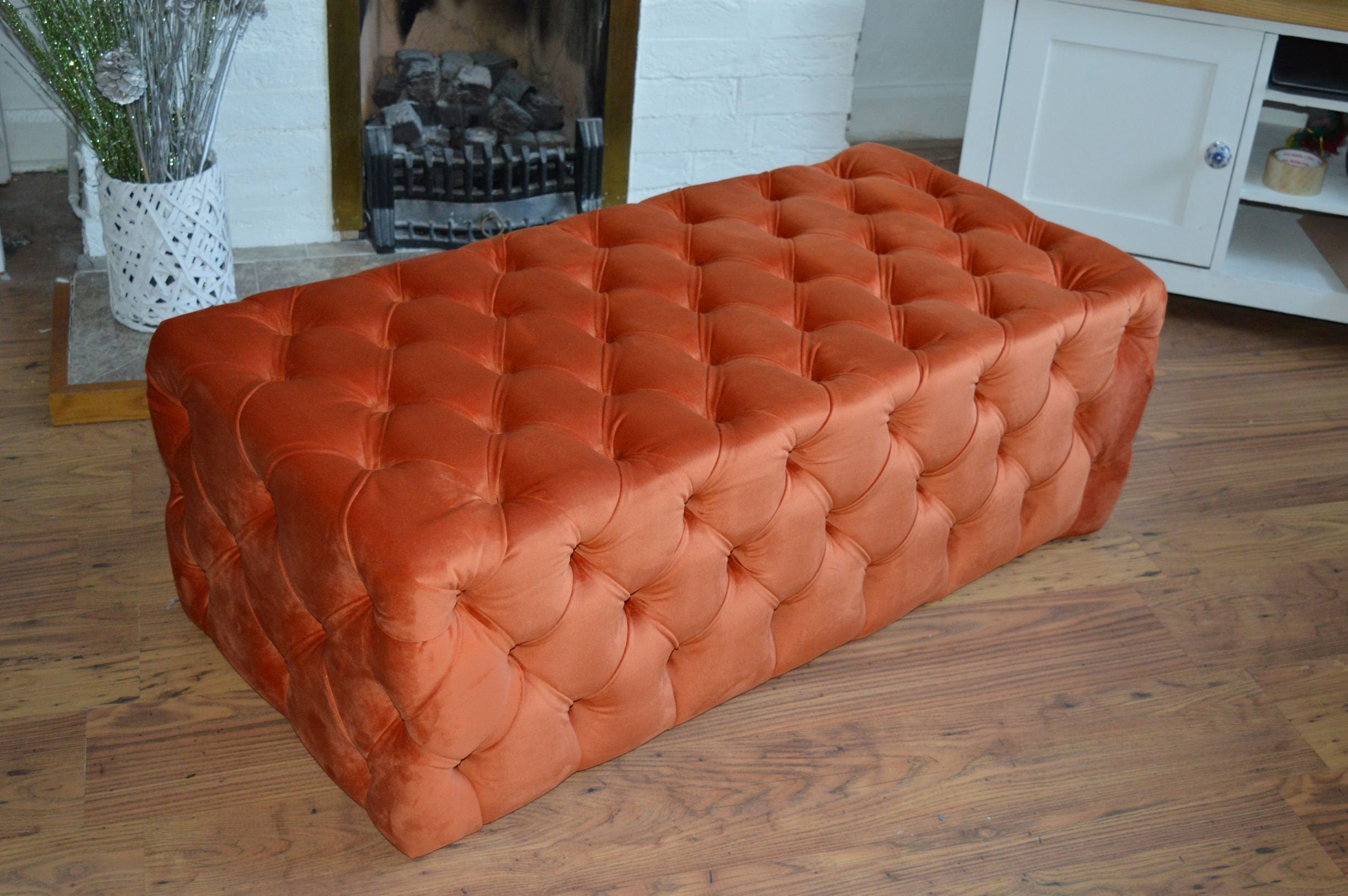 Chesterfield Style Deep Buttoned All Over Extra Large Footstool Upholstered In a Plush Burnt Orange Velvet