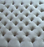 Square  Style Deep Buttoned Footstool in Casino Crush Silver Fabric With Turned Hard Wood Legs