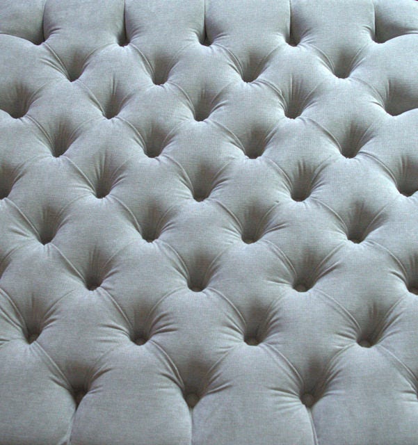 Square  Style Deep Buttoned Footstool in Casino Crush Silver Fabric With Turned Hard Wood Legs