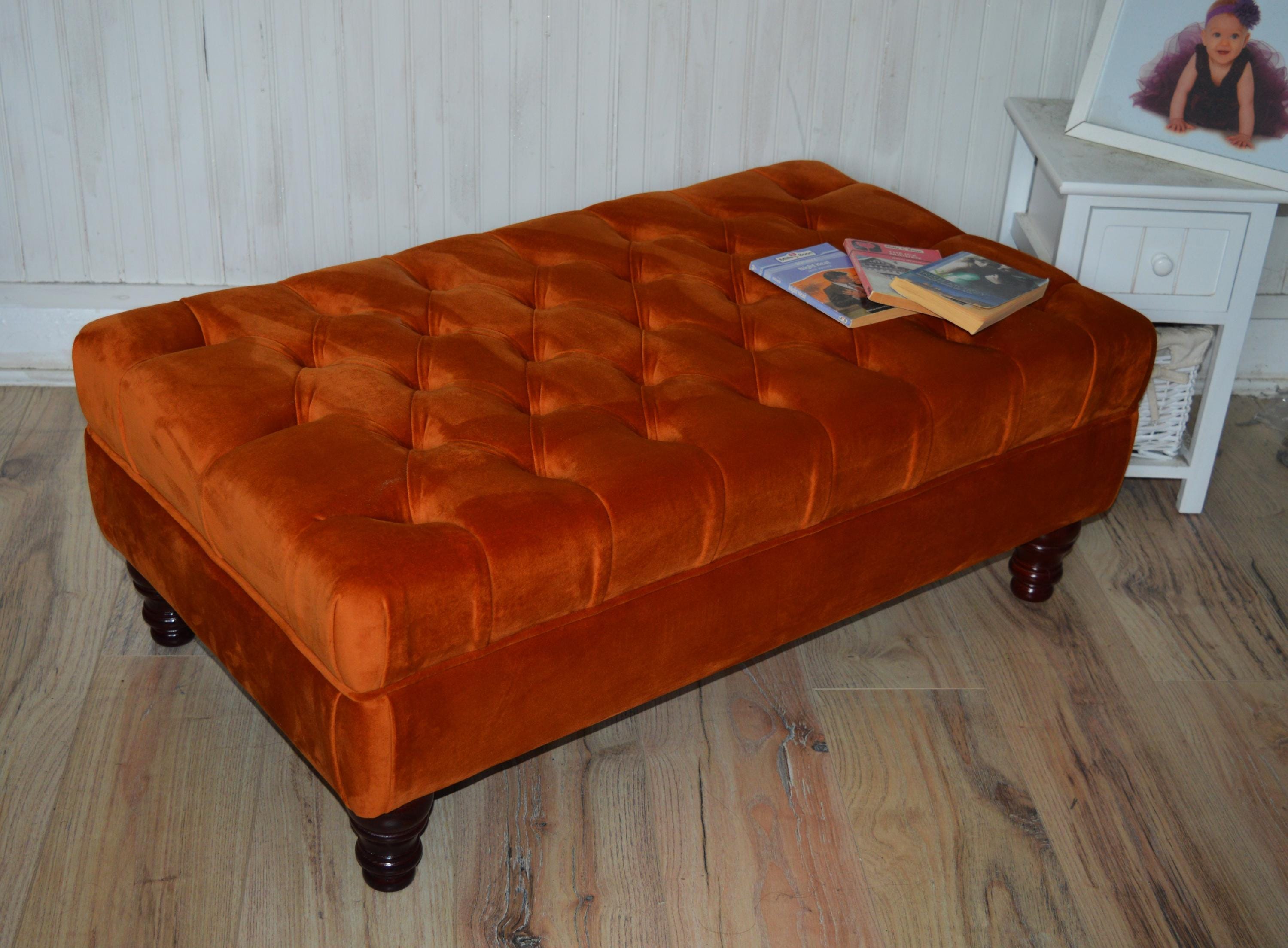 Chesterfield Design Deep Buttoned Footstool in Burnt Orange Velvet Fabric With Mahogany Turned Hard Wood Legs
