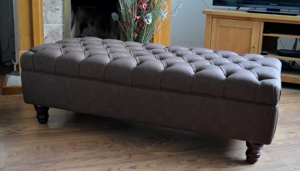 Chesterfield Extra Long Deep Buttoned Footstool in  Chocolate Faux Leather With Turned Hardwood Legs