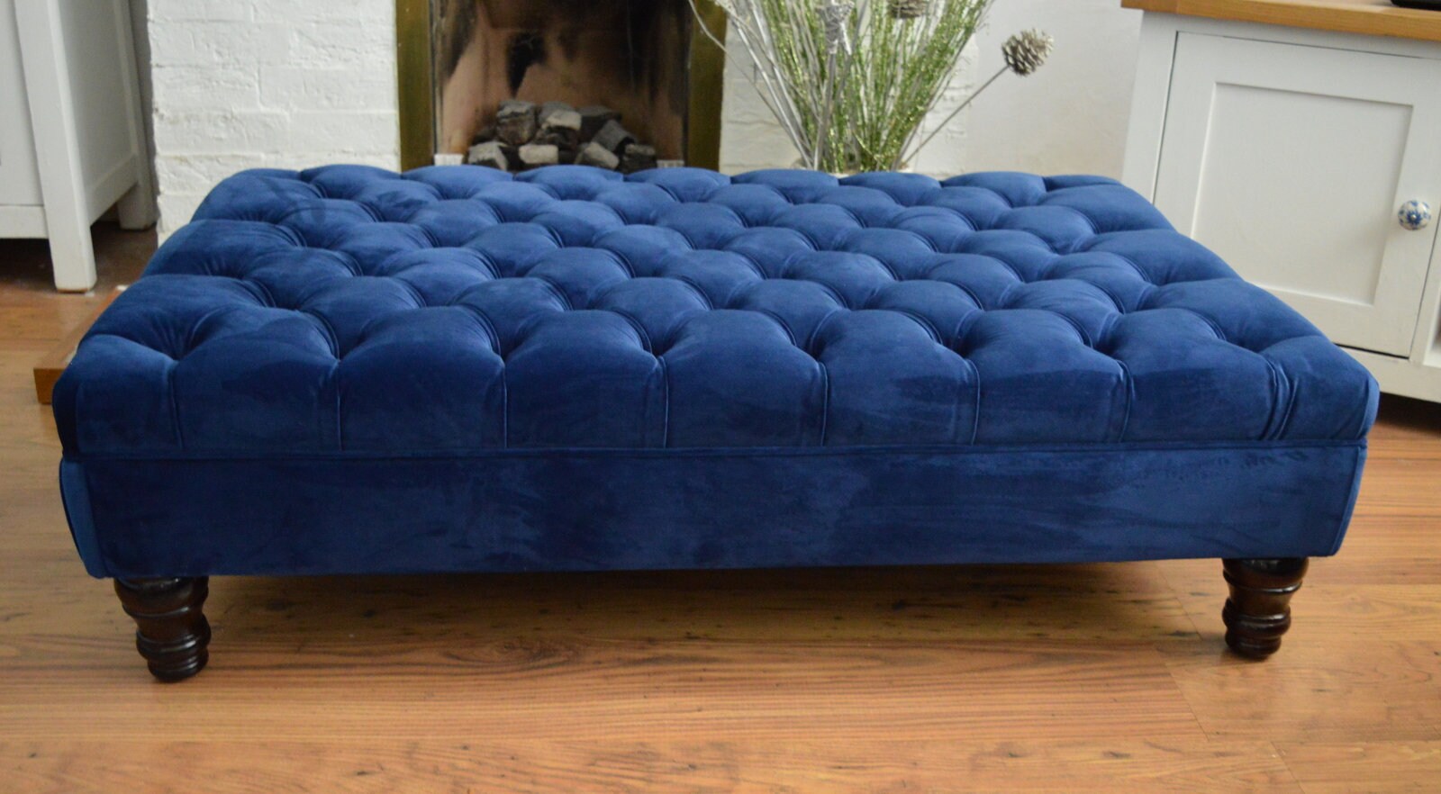 Chesterfield Extra Large Deep Buttoned Footstool in Royal Blue Velvet  With Turned Hardwood Legs