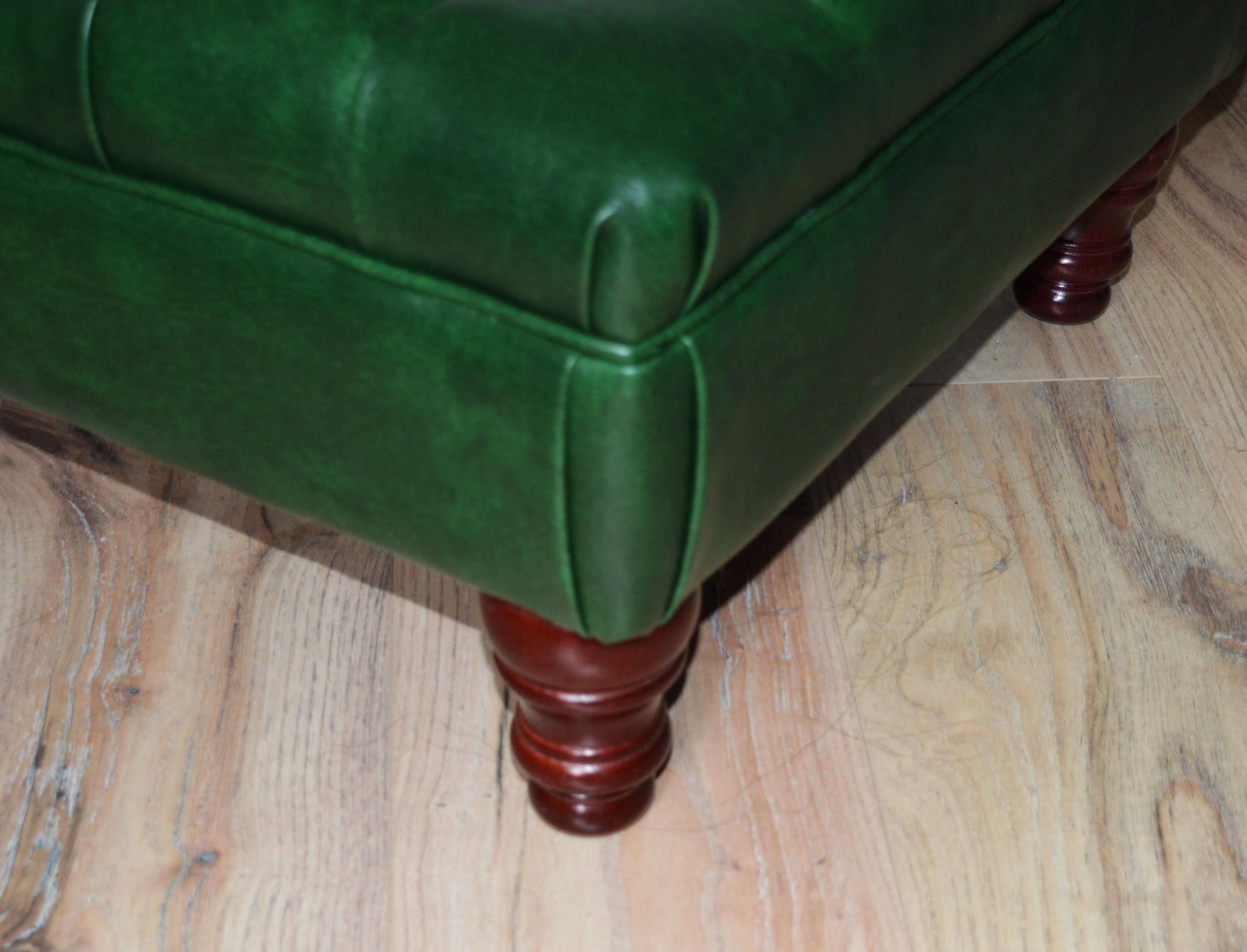 Chesterfield Style Deep Buttoned Footstool in Premium Green Faux Leather With Turned Mahogany Hardwood Legs
