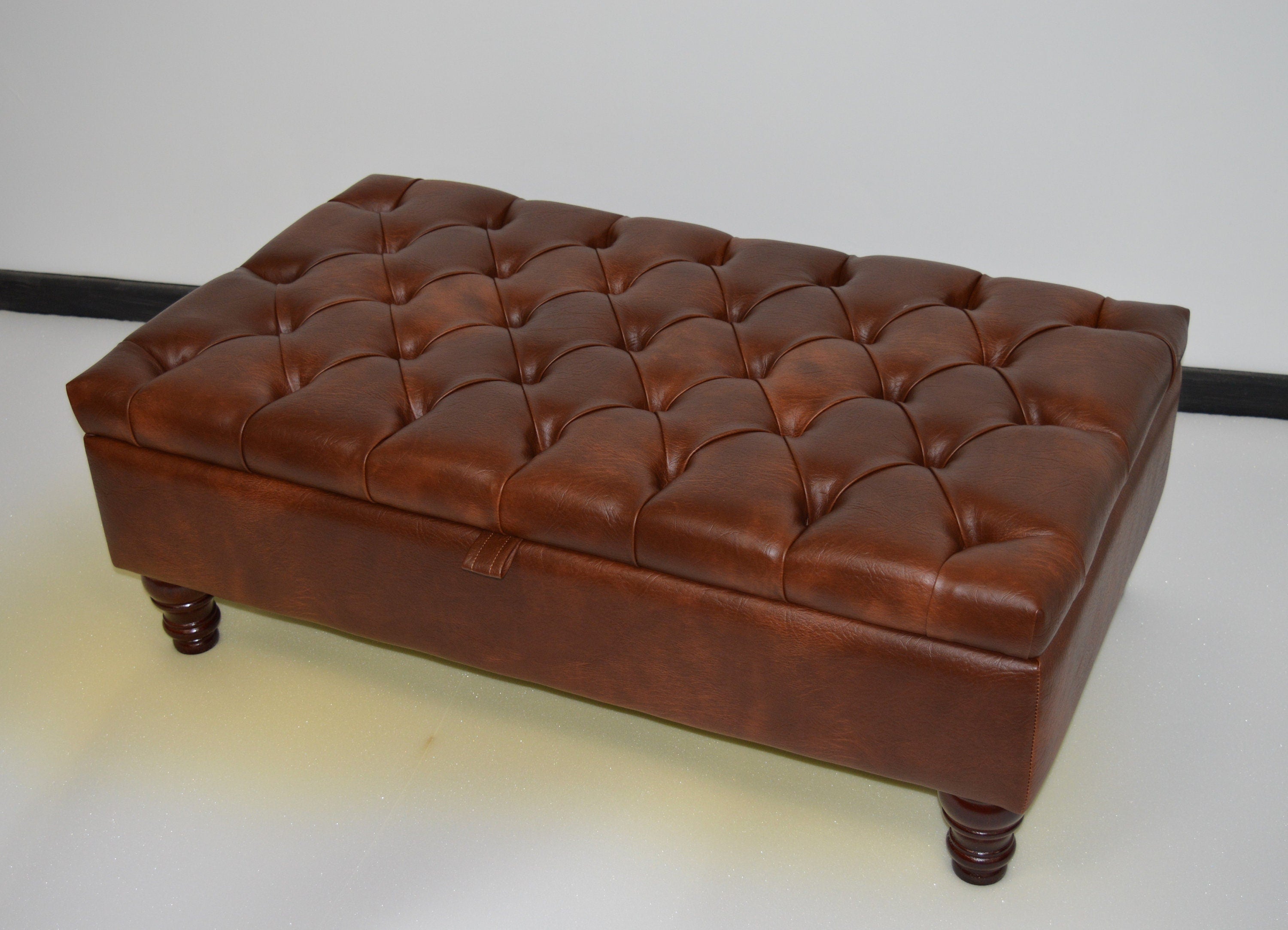 Chesterfield Deep Buttoned Footstool With Storage in Premium Chestnut Faux Leather