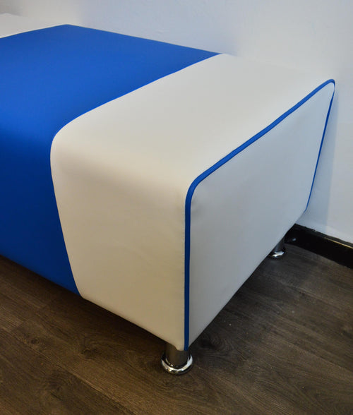 2 Str Size High Seating Bench Footstool American Diner Design With Fix To Wall Back Cushion in Blue and White Faux Leather With Chrome Legs.