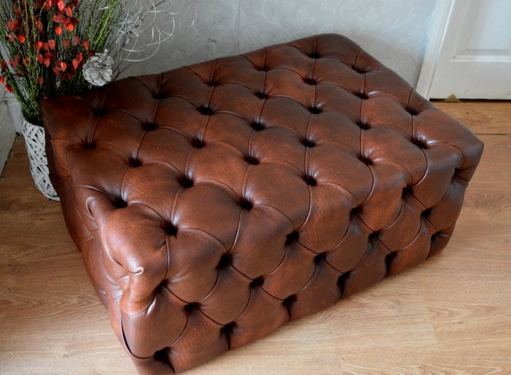 Deep Buttoned All Over Large Footstool Upholstered In a Premium Chestnut Faux Leather